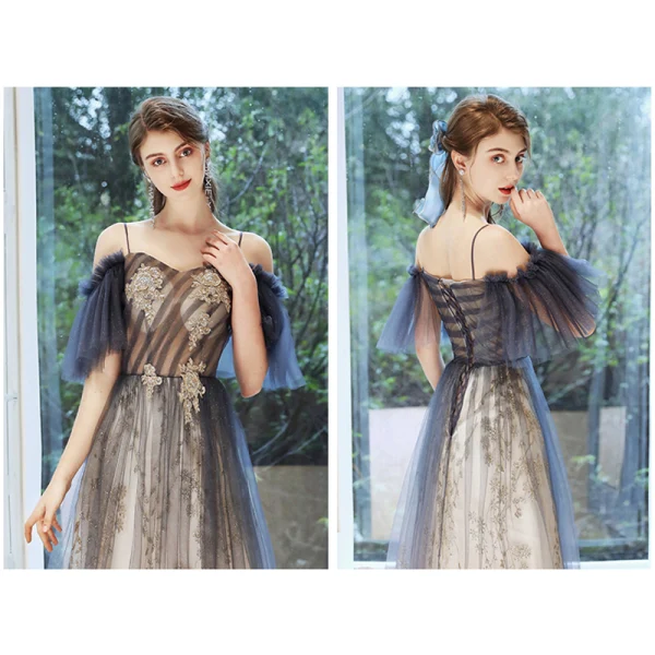Chic / Belle Bleu Marine Dégradé De Couleur Rose Bonbon Transparentes Robe De Soirée 2020 Princesse Bretelles Spaghetti Manches Courtes Appliques Perlage Paillettes Glitter Tulle Longue Volants Dos Nu Robe De Ceremonie
