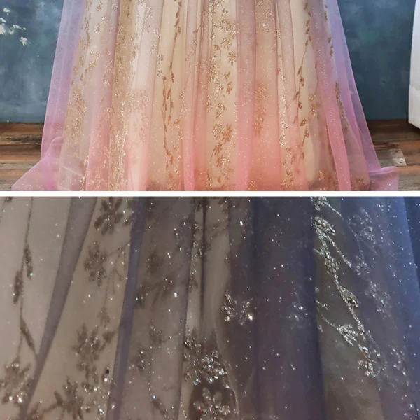 Chic / Belle Bleu Marine Dégradé De Couleur Rose Bonbon Transparentes Robe De Soirée 2020 Princesse Bretelles Spaghetti Manches Courtes Appliques Perlage Paillettes Glitter Tulle Longue Volants Dos Nu Robe De Ceremonie