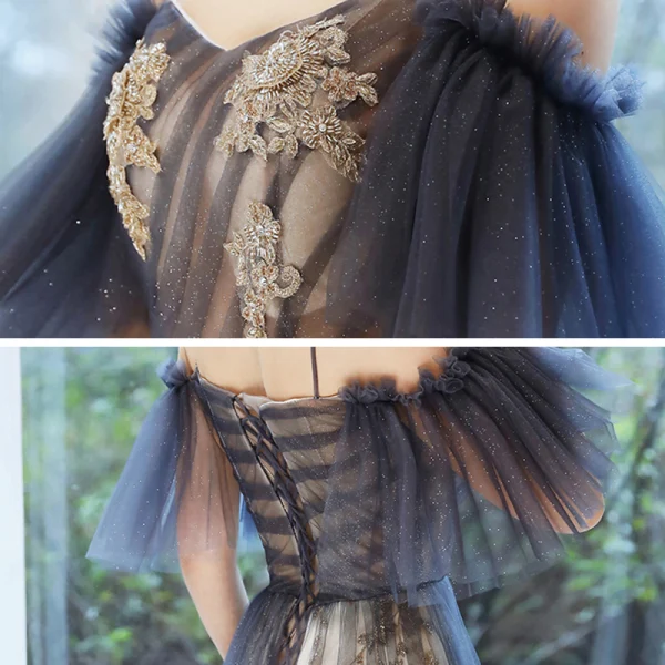 Chic / Belle Bleu Marine Dégradé De Couleur Rose Bonbon Transparentes Robe De Soirée 2020 Princesse Bretelles Spaghetti Manches Courtes Appliques Perlage Paillettes Glitter Tulle Longue Volants Dos Nu Robe De Ceremonie