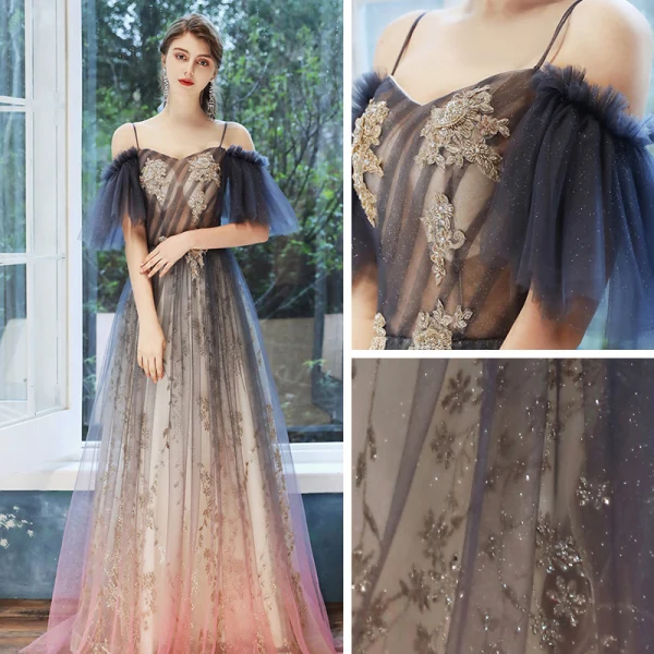 Chic / Belle Bleu Marine Dégradé De Couleur Rose Bonbon Transparentes Robe De Soirée 2020 Princesse Bretelles Spaghetti Manches Courtes Appliques Perlage Paillettes Glitter Tulle Longue Volants Dos Nu Robe De Ceremonie