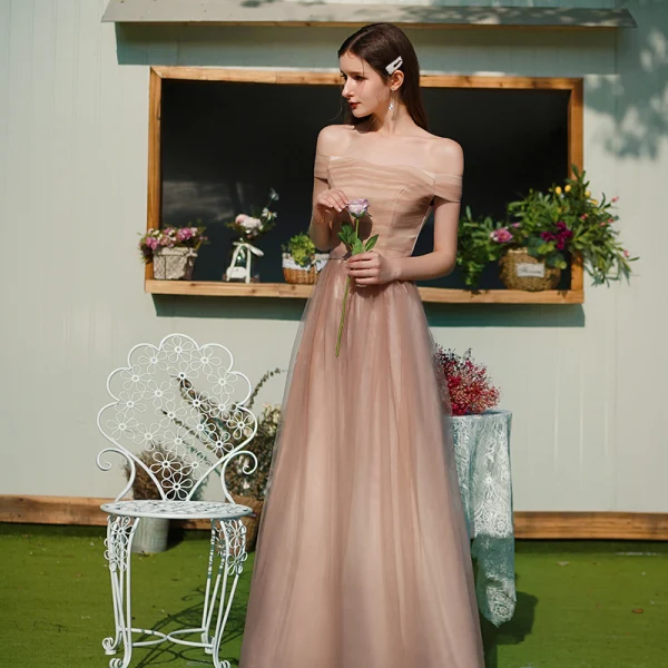 long brown bridesmaid dresses One Shoulder Chiffon Long Bridesmaid Dress with Slit main image 1
