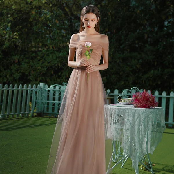 Affordable Brown Bridesmaid Dresses 2020 A-Line Princess Backless Sash Floor-Length Long