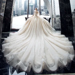 Luxe Champagne La Mariée Robe De Mariée 2020 Robe Boule Transparentes V Cou Sans Manches Dos Nu Appliques En Dentelle Paillettes Perlage Glitter Tulle Royal Train Volants