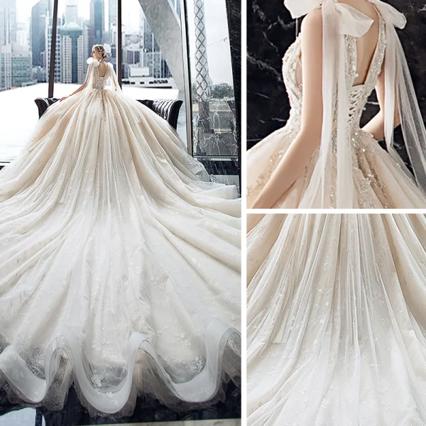 Luxe Champagne La Mariée Robe De Mariée 2020 Robe Boule Transparentes V-Cou Sans Manches Dos Nu Appliques En Dentelle Paillettes Perlage Glitter Tulle Royal Train Volants