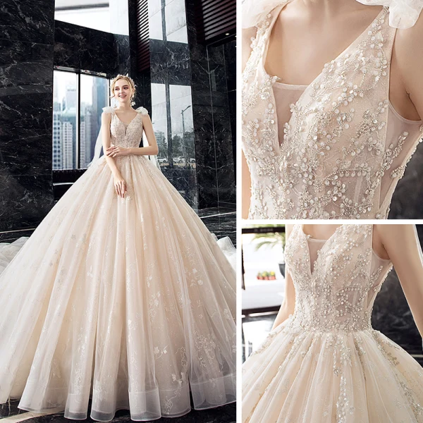 Luxe Champagne La Mariée Robe De Mariée 2020 Robe Boule Transparentes V-Cou Sans Manches Dos Nu Appliques En Dentelle Paillettes Perlage Glitter Tulle Royal Train Volants