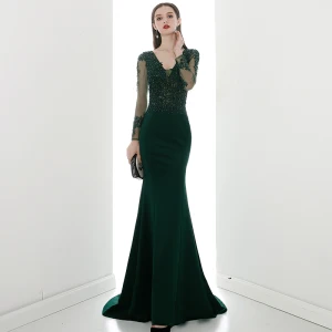 Illusion Vert Foncé Transparentes Robe De Soirée 2020 Trompette Sirène V Cou Manches Longues Appliques En Dentelle Perlage Train De Balayage Volants Dos Nu Robe De Ceremonie