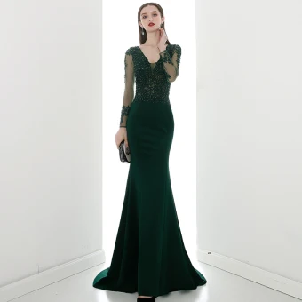 Illusion Vert Foncé Transparentes Robe De Soirée 2020 Trompette Sirène V Cou Manches Longues Appliques En Dentelle Perlage Train De Balayage Volants Dos Nu Robe De Ceremonie