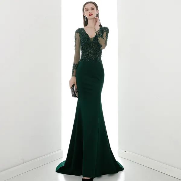 Illusion Dark Green See-through Evening Dresses  2020 Trumpet / Mermaid V-Neck Long Sleeve Appliques Lace Beading Sweep Train Ruffle Backless Formal Dresses