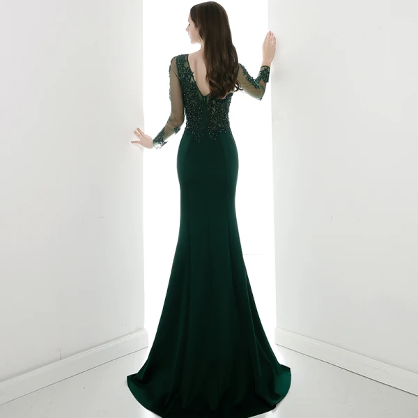 Illusion Vert Foncé Transparentes Robe De Soirée 2020 Trompette / Sirène V-Cou Manches Longues Appliques En Dentelle Perlage Train De Balayage Volants Dos Nu Robe De Ceremonie
