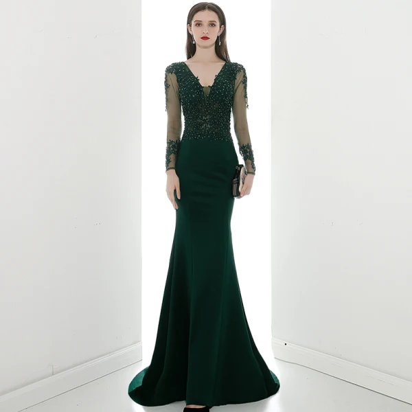 Illusion Vert Foncé Transparentes Robe De Soirée 2020 Trompette / Sirène V-Cou Manches Longues Appliques En Dentelle Perlage Train De Balayage Volants Dos Nu Robe De Ceremonie