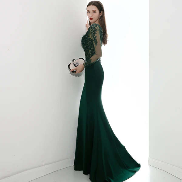 Illusion Vert Foncé Transparentes Robe De Soirée 2020 Trompette / Sirène V-Cou Manches Longues Appliques En Dentelle Perlage Train De Balayage Volants Dos Nu Robe De Ceremonie