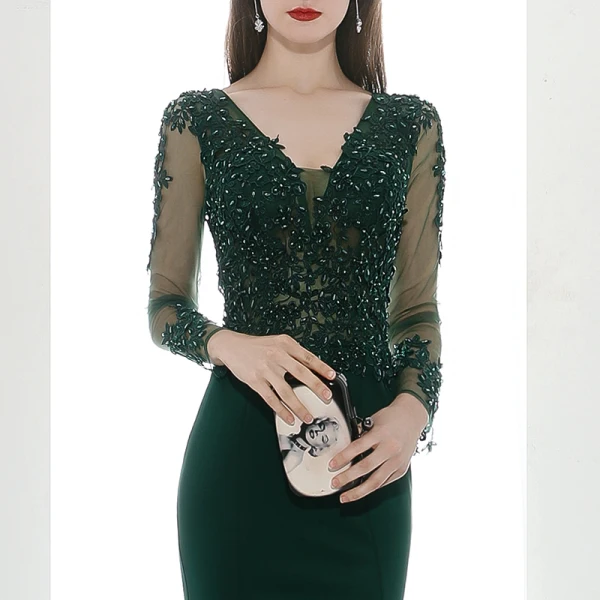 Illusion Vert Foncé Transparentes Robe De Soirée 2020 Trompette / Sirène V-Cou Manches Longues Appliques En Dentelle Perlage Train De Balayage Volants Dos Nu Robe De Ceremonie