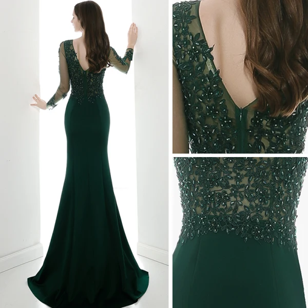 Illusion Vert Foncé Transparentes Robe De Soirée 2020 Trompette / Sirène V-Cou Manches Longues Appliques En Dentelle Perlage Train De Balayage Volants Dos Nu Robe De Ceremonie