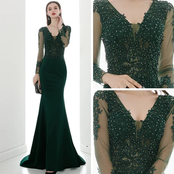Illusion Vert Foncé Transparentes Robe De Soirée 2020 Trompette / Sirène V-Cou Manches Longues Appliques En Dentelle Perlage Train De Balayage Volants Dos Nu Robe De Ceremonie