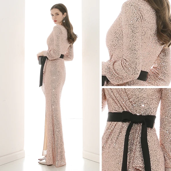 Scintillantes Champagne Paillettes Robe De Soirée 2020 Trompette / Sirène V-Cou Gonflée Manches Longues Ceinture Fendue devant Longue Robe De Ceremonie