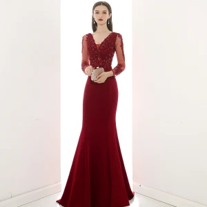 Illusion Bordeaux Transparentes Robe De Soirée 2020 Trompette Sirène V Cou Manches Longues Appliques En Dentelle Perlage Train De Balayage Volants Dos Nu Robe De Ceremonie