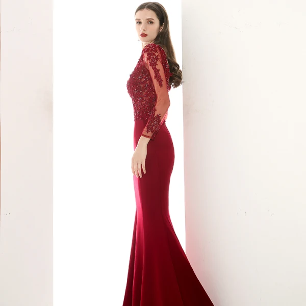 Illusion Bordeaux Transparentes Robe De Soirée 2020 Trompette / Sirène V-Cou Manches Longues Appliques En Dentelle Perlage Train De Balayage Volants Dos Nu Robe De Ceremonie