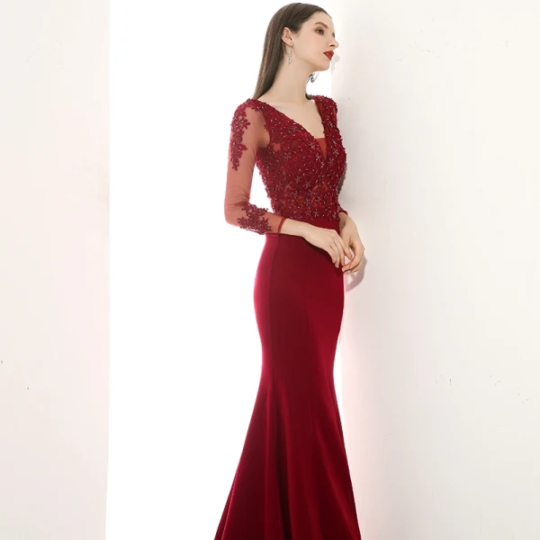 Illusion Bordeaux Transparentes Robe De Soirée 2020 Trompette / Sirène V-Cou Manches Longues Appliques En Dentelle Perlage Train De Balayage Volants Dos Nu Robe De Ceremonie