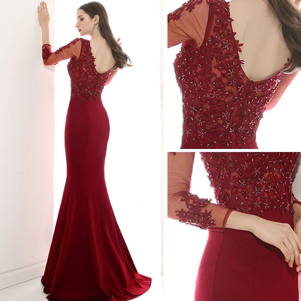 Illusion Bordeaux Transparentes Robe De Soirée 2020 Trompette / Sirène V-Cou Manches Longues Appliques En Dentelle Perlage Train De Balayage Volants Dos Nu Robe De Ceremonie