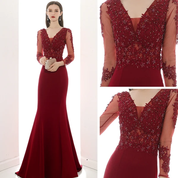 Illusion Bordeaux Transparentes Robe De Soirée 2020 Trompette / Sirène V-Cou Manches Longues Appliques En Dentelle Perlage Train De Balayage Volants Dos Nu Robe De Ceremonie