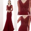 Illusion Bordeaux Transparentes Robe De Soirée 2020 Trompette / Sirène V-Cou Manches Longues Appliques En Dentelle Perlage Train De Balayage Volants Dos Nu Robe De Ceremonie