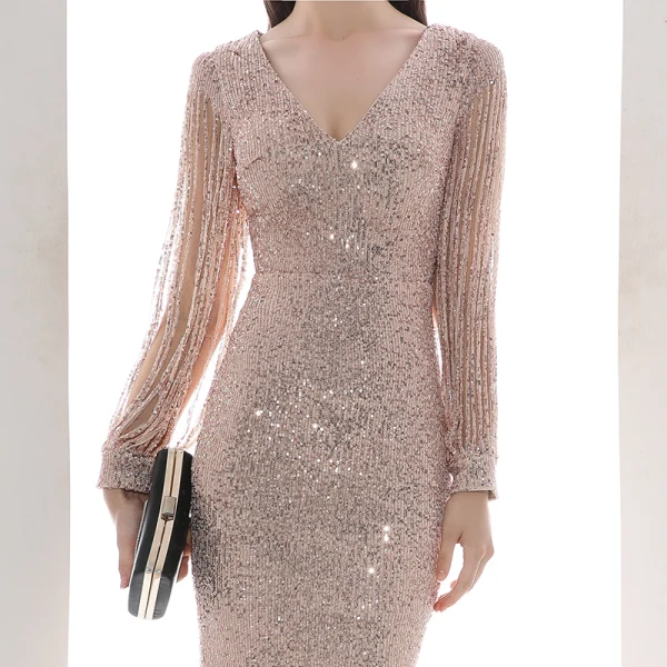 Scintillantes Paillettes Champagne Robe De Soirée 2020 Trompette / Sirène V-Cou Manches Longues Perlage Longue Robe De Ceremonie