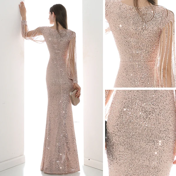 Scintillantes Paillettes Champagne Robe De Soirée 2020 Trompette / Sirène V-Cou Manches Longues Perlage Longue Robe De Ceremonie
