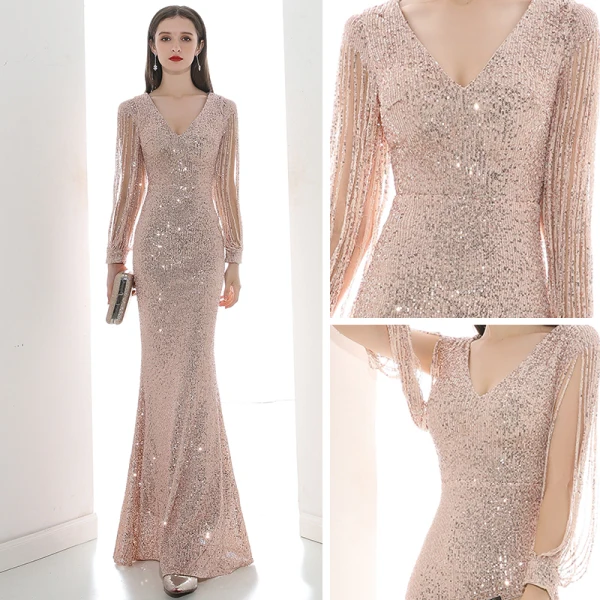 Scintillantes Paillettes Champagne Robe De Soirée 2020 Trompette / Sirène V-Cou Manches Longues Perlage Longue Robe De Ceremonie