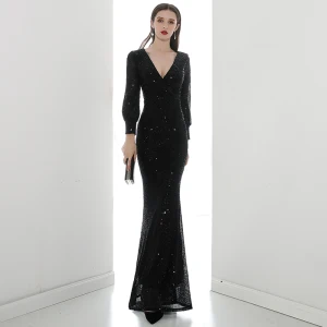 Scintillantes Noire Paillettes Robe De Soirée 2020 Trompette Sirène V Cou Gonflée Manches Longues Longue Robe De Ceremonie