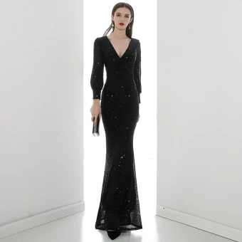 Sparkly Black Sequins Evening Dresses 2020 Trumpet Mermaid V Neck Puffy Long Sleeve Floor Length Long Formal Dresses