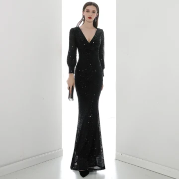 Sparkly Black Sequins Evening Dresses 2020 Trumpet Mermaid V Neck Puffy Long Sleeve Floor Length Long Formal Dresses