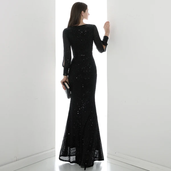 Scintillantes Noire Paillettes Robe De Soirée 2020 Trompette / Sirène V-Cou Gonflée Manches Longues Longue Robe De Ceremonie