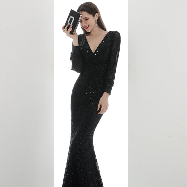 Scintillantes Noire Paillettes Robe De Soirée 2020 Trompette / Sirène V-Cou Gonflée Manches Longues Longue Robe De Ceremonie
