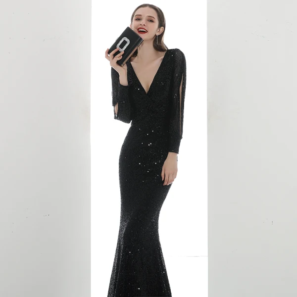 Scintillantes Noire Paillettes Robe De Soirée 2020 Trompette / Sirène V-Cou Gonflée Manches Longues Longue Robe De Ceremonie