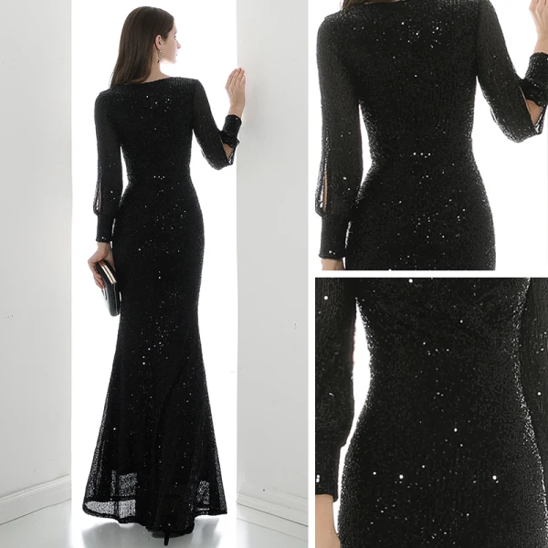 Scintillantes Noire Paillettes Robe De Soirée 2020 Trompette / Sirène V-Cou Gonflée Manches Longues Longue Robe De Ceremonie