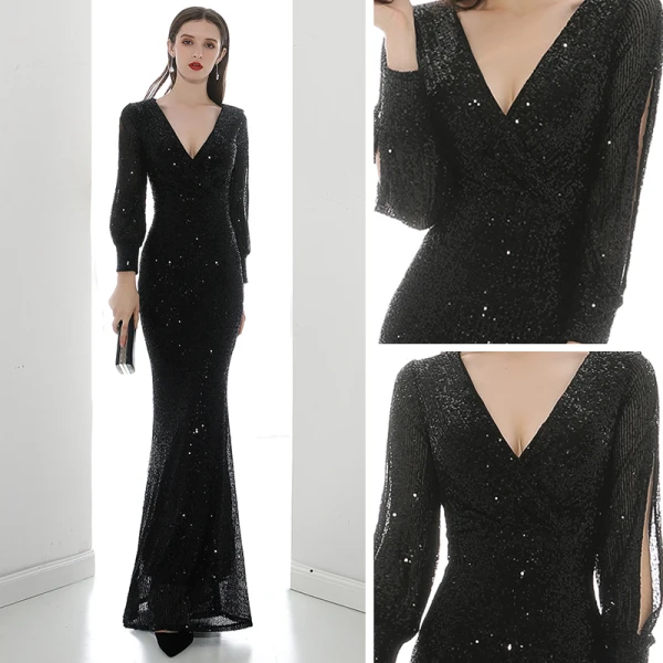Scintillantes Noire Paillettes Robe De Soirée 2020 Trompette / Sirène V-Cou Gonflée Manches Longues Longue Robe De Ceremonie
