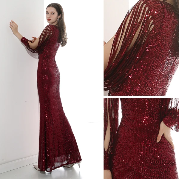 Sparkly Burgundy Sequins Evening Dresses 2020 Trumpet / Mermaid V-Neck 3/4 Sleeve Floor-Length / Long Formal Dresses