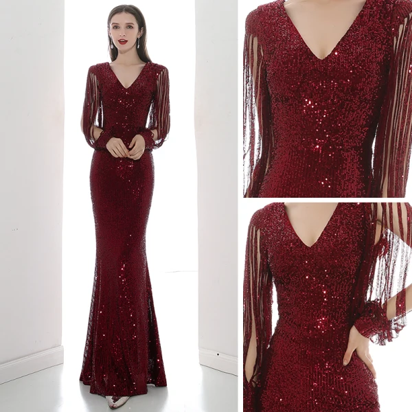 Sparkly Burgundy Sequins Evening Dresses 2020 Trumpet / Mermaid V-Neck 3/4 Sleeve Floor-Length / Long Formal Dresses