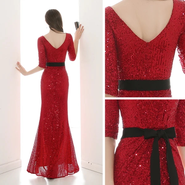 Sexy Rot Pailletten Abendkleider 2020 Meerjungfrau V-Ausschnitt 1/2 Ärmel Stoffgürtel Gespaltete Front Lange Rückenfreies Festliche Kleider