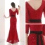 Sexy Rot Pailletten Abendkleider 2020 Meerjungfrau V-Ausschnitt 1/2 Ärmel Stoffgürtel Gespaltete Front Lange Rückenfreies Festliche Kleider