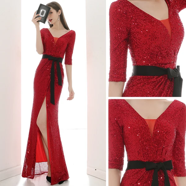 Sexy Rot Pailletten Abendkleider 2020 Meerjungfrau V-Ausschnitt 1/2 Ärmel Stoffgürtel Gespaltete Front Lange Rückenfreies Festliche Kleider