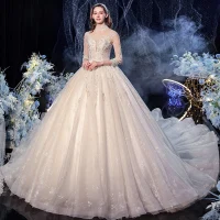 Vintage Szampan Przezroczyste ślubna Suknie Ślubne 2020 Suknia Balowa Wysokiej Szyi 3/4 Rękawy Bez Pleców Cekinami Tiulowe Aplikacje Z Koronki Cekiny Frezowanie