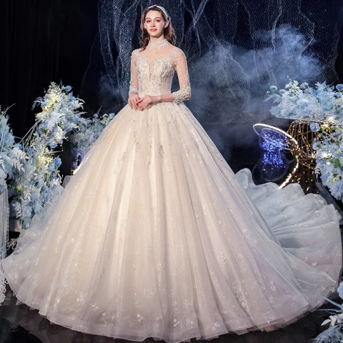 Vintage Champán Transparentes Boda Vestidos De Novia 2020 Ball Gown Cuello Alto 3/4 Ærmer Sin Espalda Glitter Tul Apliques Con Encaje Lentejuelas Rebordear