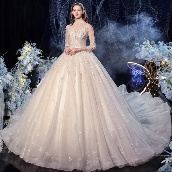 Vintage / Retro Champagne See-through Bridal Wedding Dresses 2020 Ball Gown High Neck 3/4 Sleeve Backless Glitter Tulle Appliques Lace Sequins Beading