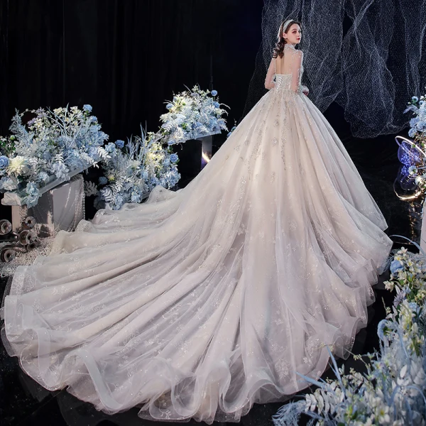 Vintage / Originale Champagne Transparentes La Mariée Robe De Mariée 2020 Robe Boule Col Haut 3/4 Manches Dos Nu Glitter Tulle Appliques En Dentelle Paillettes Perlage