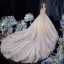 Vintage / Originale Champagne Transparentes La Mariée Robe De Mariée 2020 Robe Boule Col Haut 3/4 Manches Dos Nu Glitter Tulle Appliques En Dentelle Paillettes Perlage