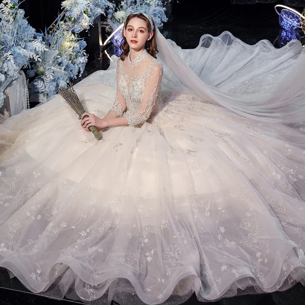 Vintage / Originale Champagne Transparentes La Mariée Robe De Mariée 2020 Robe Boule Col Haut 3/4 Manches Dos Nu Glitter Tulle Appliques En Dentelle Paillettes Perlage