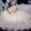 Vintage / Originale Champagne Transparentes La Mariée Robe De Mariée 2020 Robe Boule Col Haut 3/4 Manches Dos Nu Glitter Tulle Appliques En Dentelle Paillettes Perlage