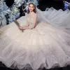 Vintage / Retro Champagne See-through Bridal Wedding Dresses 2020 Ball Gown High Neck 3/4 Sleeve Backless Glitter Tulle Appliques Lace Sequins Beading