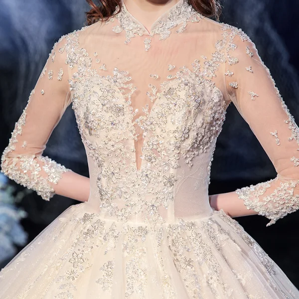 Vintage / Originale Champagne Transparentes La Mariée Robe De Mariée 2020 Robe Boule Col Haut 3/4 Manches Dos Nu Glitter Tulle Appliques En Dentelle Paillettes Perlage